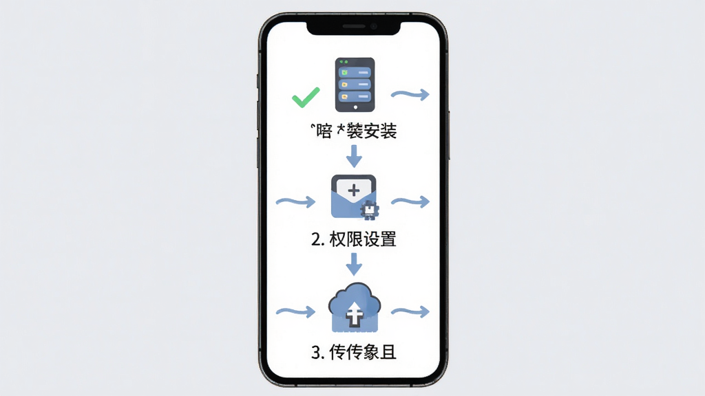 夸赞网盘新手操作指南示意图,画面展示一部手机屏幕,屏幕上以分步图示形式呈现安装、权限设置、上传文件三个操作步骤,每一步配有简洁图标与文字标签,背景为柔和浅灰色,布局为纵向时间线结构,风格扁平化教程风,细节包含勾选标记与箭头指引,画质高清,干净,无多余元素