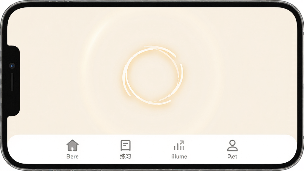 软件常念的移动端主界面展示,画面中央是一个简约的圆形呼吸引导动画,周围环绕着柔和的光晕,背景是淡雅的浅米色。界面底部有四个图标导航栏,分别代表首页、练习、统计和我的。整体布局干净整洁,风格为极简治愈系,画质高清,无多余元素干扰。