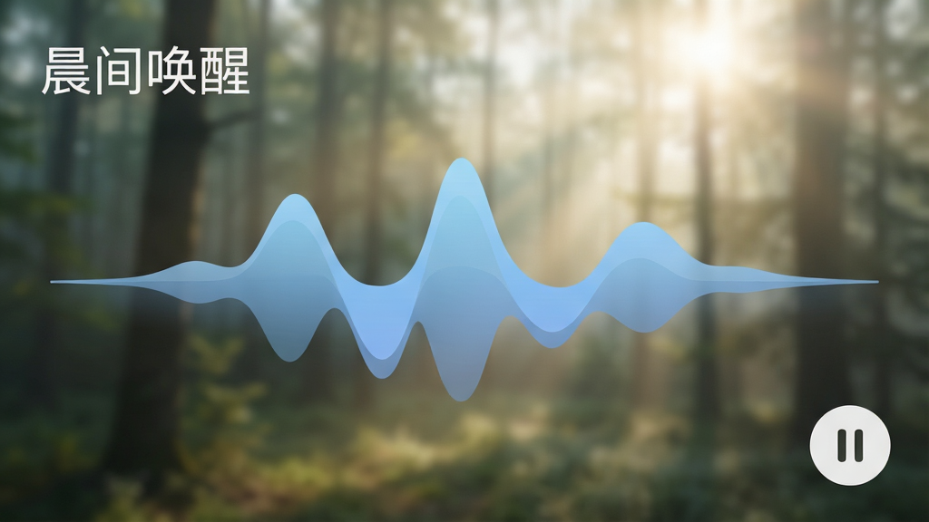 常念应用内的正念练习界面,画面中心是一个正在播放的音频波纹动画,波纹呈现柔和的蓝色渐变。界面左上方显示“晨间唤醒”字样,右下方有一个暂停按钮。背景是虚化的自然风景,如清晨的树林,光线柔和。整体风格宁静、专业,画质细腻,干净无杂物。
