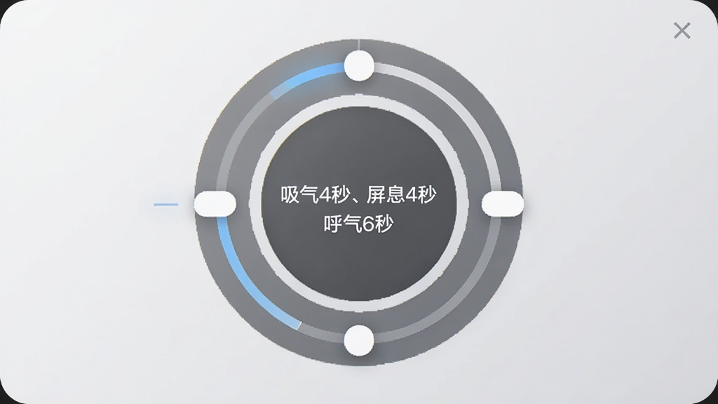 常念应用中的呼吸训练设置面板,画面展示了一个圆形的呼吸节奏调节器,中心是“吸气4秒、屏息4秒、呼气6秒”的文字标识。调节器周围有可拖拽的滑块。背景是柔和的灰白色调,界面布局清晰,风格现代简约,画质清晰,无多余装饰元素。