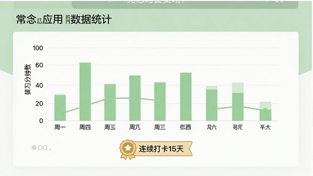 常念应用的数据统计页面,画面展示了一个简洁的柱状图,横轴为周一至周日,纵轴为练习分钟数。图表下方有“连续打卡15天”的徽章图标。整体配色为浅绿色与白色,界面清爽,风格商务简约,画质高清,文字清晰可辨,无杂乱元素。