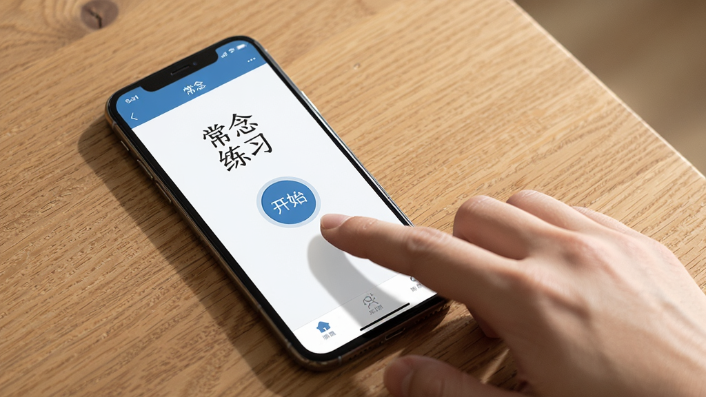 常念应用在手机上的操作示意图,画面展示一部智能手机,屏幕上显示着常念的练习界面,一只手正点击中央的圆形开始按钮。手机周围有柔和的阴影,背景是木质桌面。风格为写实产品展示,画质清晰,光线自然,无杂乱背景。
