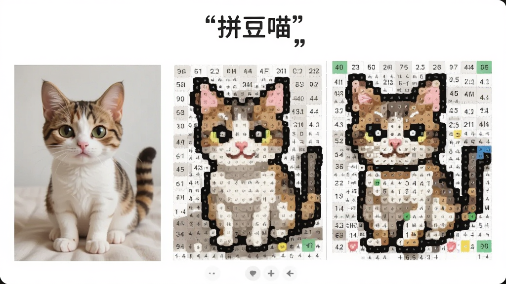 拼豆喵软件界面截图风格的插图,画面中央展示一张被转化为拼豆像素图纸的可爱猫咪照片,左侧为原始猫咪照片,右侧为对应的拼豆网格图纸,图纸上每个格子标注了色号,界面顶部用引号标注文字