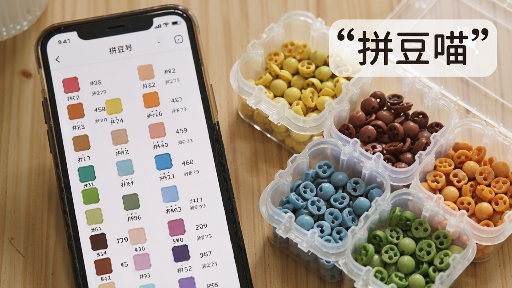 拼豆喵色号匹配功能展示图,画面展示手机屏幕上显示着拼豆色号对照表,屏幕上排列着彩色方块与对应的色号编号,手机旁边摆放着装满各色拼豆豆子的透明收纳盒,画面右上角用引号标注文字