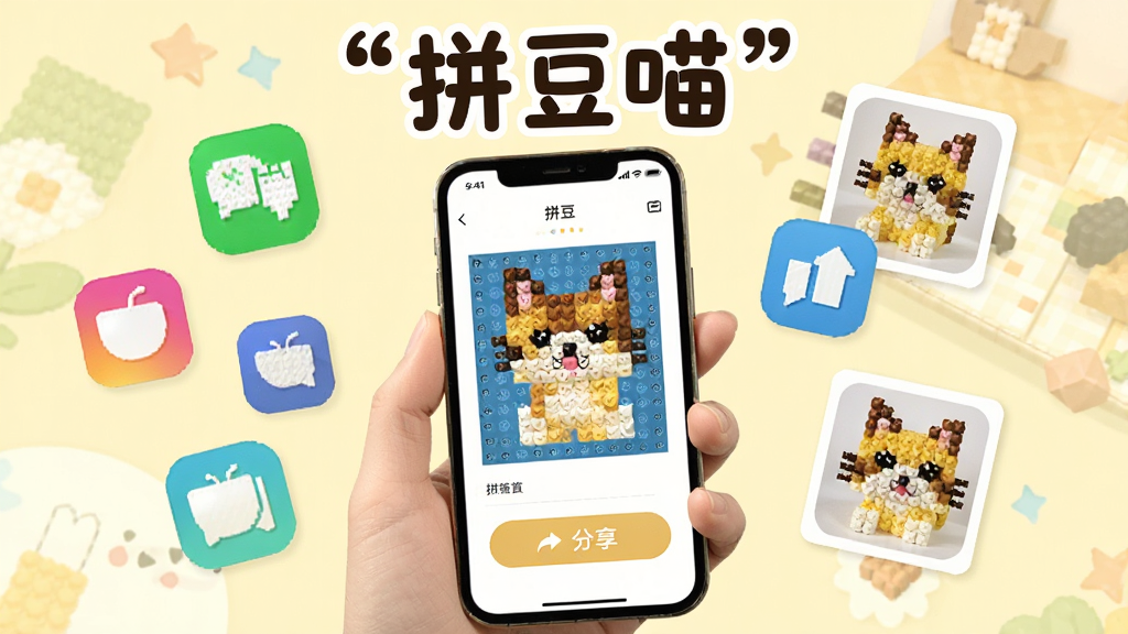 拼豆喵图纸分享功能展示图,画面展示一只手拿着手机,手机屏幕上显示着拼豆图纸与分享按钮界面,手机周围飘浮着几个社交软件图标与拼豆作品缩略图,顶部用引号标注文字