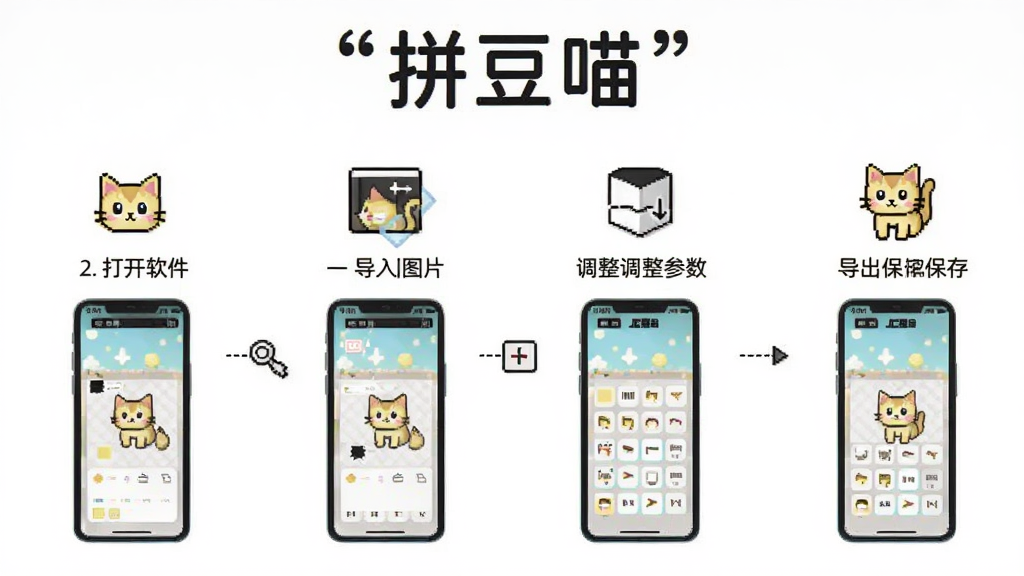拼豆喵新手操作流程图解,画面以流程图形式展示从打开软件到导入图片、调整参数、生成图纸、导出保存的完整步骤,每个步骤配以简洁的图标与手机界面缩略图,顶部用引号标注文字