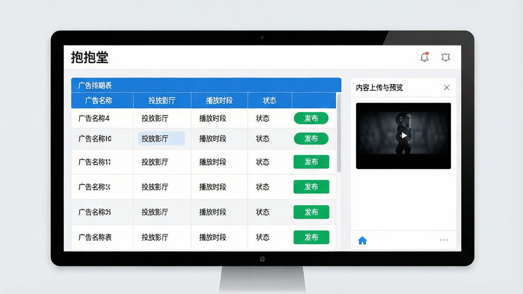 一张展示影院广告内容分发管理界面的画面,画面中央显示