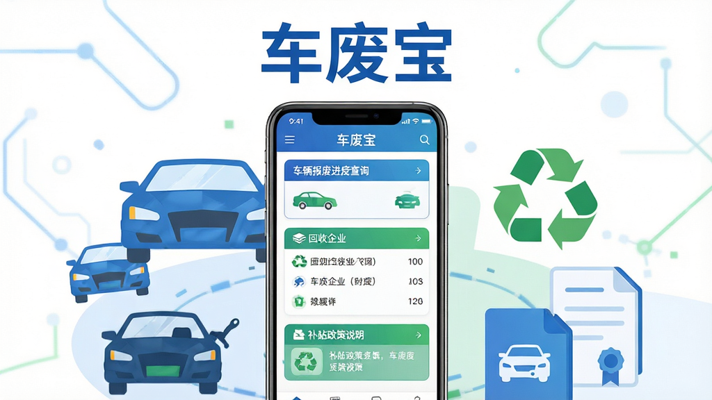 车废宝是一款车辆报废服务手机应用,画面中央展示一部智能手机,手机屏幕上显示车废宝应用的首页界面,包含车辆报废进度查询、回收企业列表和补贴政策说明等板块;手机周围环绕着汽车轮廓、报废车辆图标、绿色环保回收标志和文件手续图标;整体布局采用居中对称方式,上方放置应用名称“车废宝”文字标识;风格为扁平化科技插画风,色调以蓝色、绿色和白色为主,细节清晰,画质干净,无多余元素,4K高清。