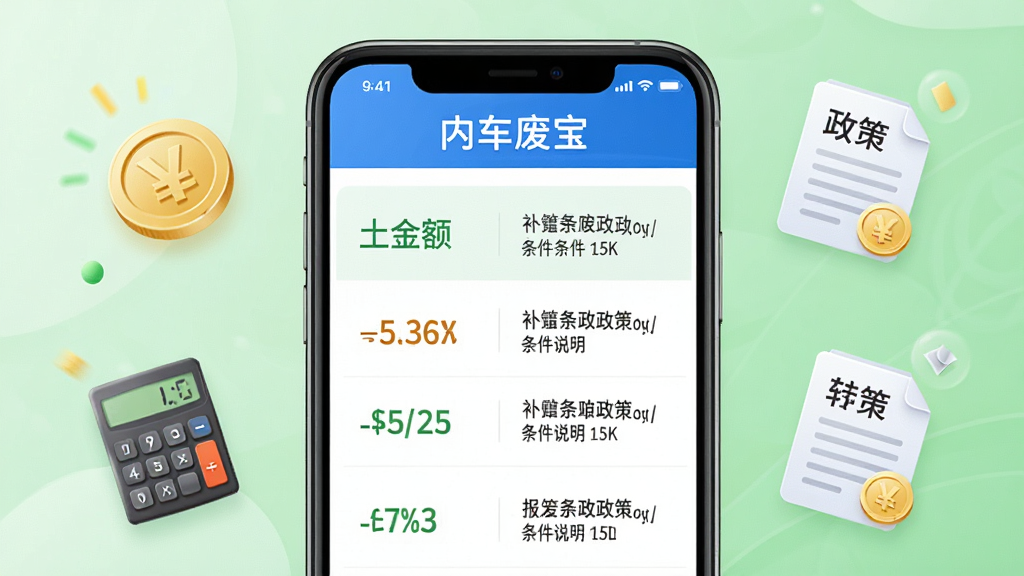 车废宝应用内补贴政策查询页面,手机屏幕展示各地报废补贴政策列表,包含金额和条件说明;屏幕周围有金币、计算器、政策文件等图标;背景为浅绿色渐变,风格清新商务,画质干净,无多余元素,4K高清。