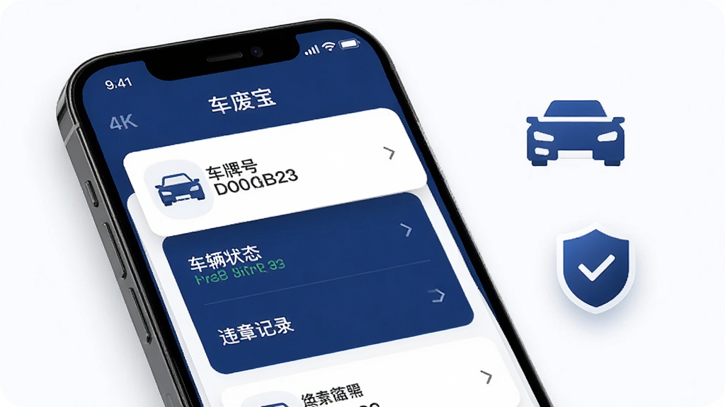 车废宝应用内车辆状态查询界面,手机屏幕显示车辆信息卡片,包含车牌号、车辆状态、违章记录等字段;屏幕旁边有汽车图标和盾牌安全图标;风格为简约科技风,色调以深蓝和白色为主,画质干净,无多余元素,4K高清。