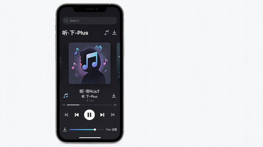 一款名为「听下-Plus」的手机音乐应用界面展示,主体为手机屏幕正中央显示音乐播放器界面,布局采用上下结构,顶部为搜索栏和软件名称「听下-Plus」,中部为专辑封面和歌曲信息,底部为播放控制按钮和下载进度条,排版简洁清晰,风格为现代科技感深色主题,细节包括音符图标、下载箭头、进度环等元素,画质高清,画面干净,无多余元素