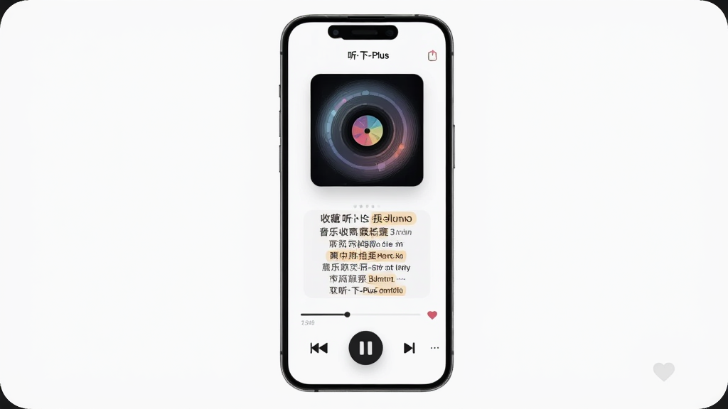 手机屏幕展示「听下-Plus」音乐播放界面,主体为播放器控制面板,布局为居中对称结构,上方为旋转的专辑封面,中间为歌词滚动区域,下方为播放控制按钮组,排版简洁大方,风格为柔和圆角设计,细节包括歌词高亮、进度条、收藏爱心图标,画质高清,画面干净,无多余元素