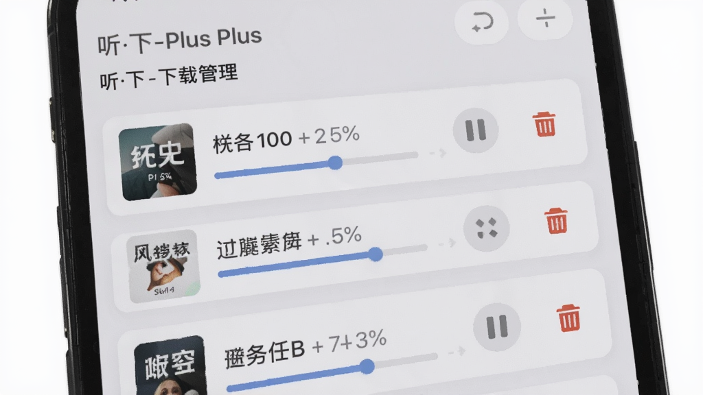 手机界面展示「听下-Plus」下载管理页面,主体为下载任务列表,布局为卡片式排列,每个卡片显示歌曲名称、下载进度条和操作按钮,排版清晰明了,风格为浅灰质感,细节包括进度百分比、暂停图标、删除按钮,画质高清,画面干净,无多余元素
