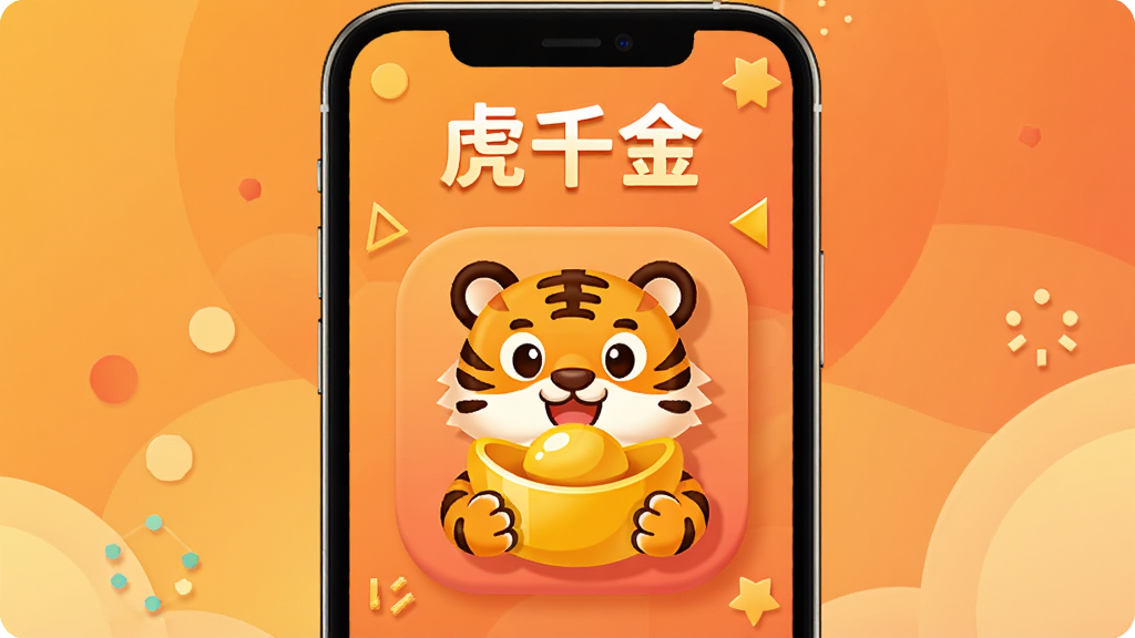 主体是一部智能手机屏幕中显示一只卡通老虎手持金色元宝的图标,布局为居中展示,排版上方为应用名称文字“虎千金”,风格为扁平化卡通插画,细节包括暖色调渐变背景、圆角应用图标、简洁的几何装饰元素,画质高清、干净、无多余元素
