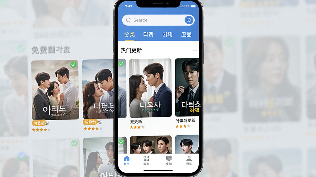 一张手机屏幕展示免费韩剧APP主界面,界面顶部有搜索栏和分类标签,中间是热门韩剧海报墙,海报包括浪漫爱情剧和悬疑剧,底部有导航栏,整体布局清晰,风格现代简洁,细节上显示剧集更新提示和评分,画质高清干净无多余元素