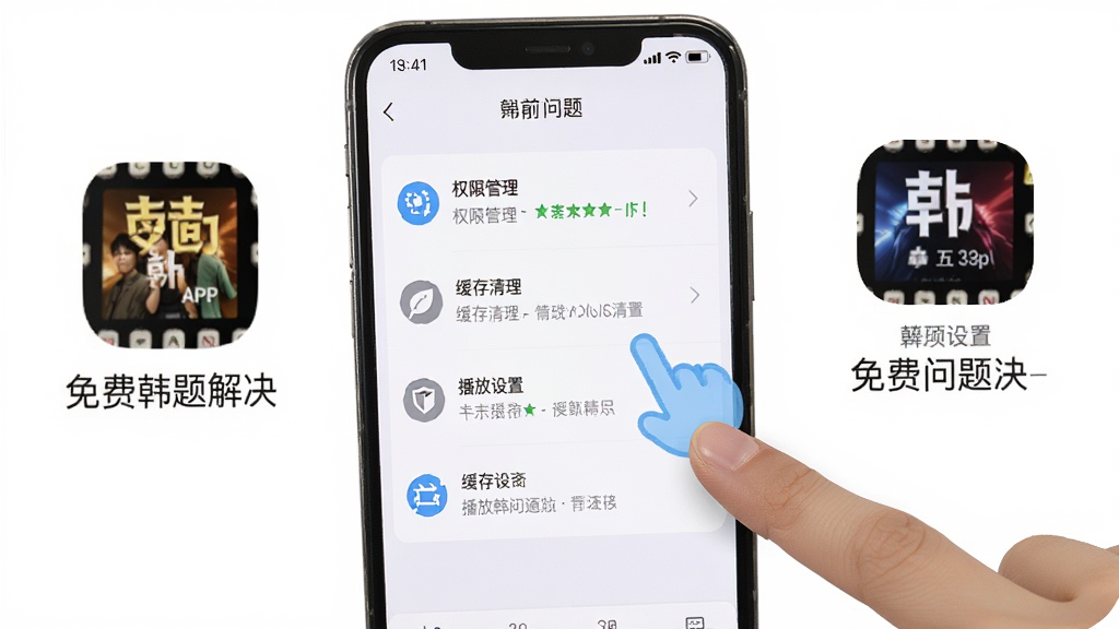 一张展示手机使用免费韩剧APP时的常见问题解决界面,画面中手机屏幕显示设置菜单,包含权限管理、缓存清理、播放设置等选项,旁边有手指点击操作的示意,风格简洁明了,细节有提示文字和图标,画质高清干净无多余元素