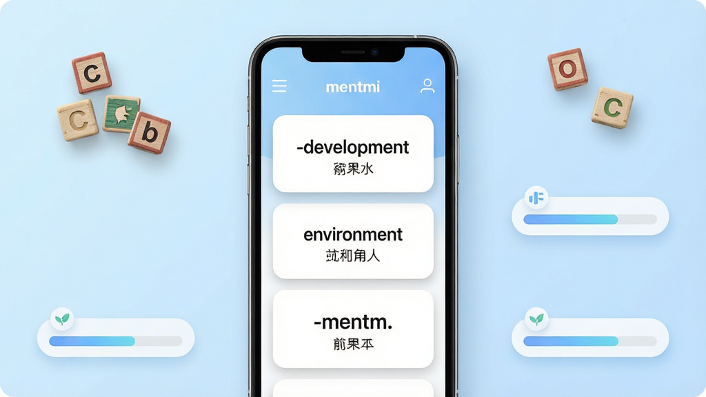 一张展示mentmi软件主界面的场景图,画面中央是手机屏幕,屏幕内显示mentmi的单词卡片学习界面,卡片上清晰写着以-ment结尾的英文单词如development、environment,背景是简洁的浅蓝色渐变,周围散落着字母方块和进度条元素,整体风格清新简约,布局居中对称,细节包括圆角卡片、柔和阴影、极简图标,画质清晰干净,无多余元素,文字内容为英文单词和中文释义