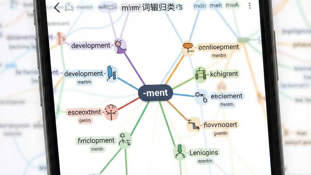 一张展示mentmi词根词缀归类功能的界面图,画面主体为手机屏幕,屏幕内显示以树状图形式排列的单词家族,中心节点标注“-ment”,周围延伸出development、achievement、environment等单词分支,布局采用放射状结构,风格为扁平化信息图,细节包括彩色连接线、小图标、简洁标签,画质高清,干净整洁,文字内容为英文单词和词缀标注