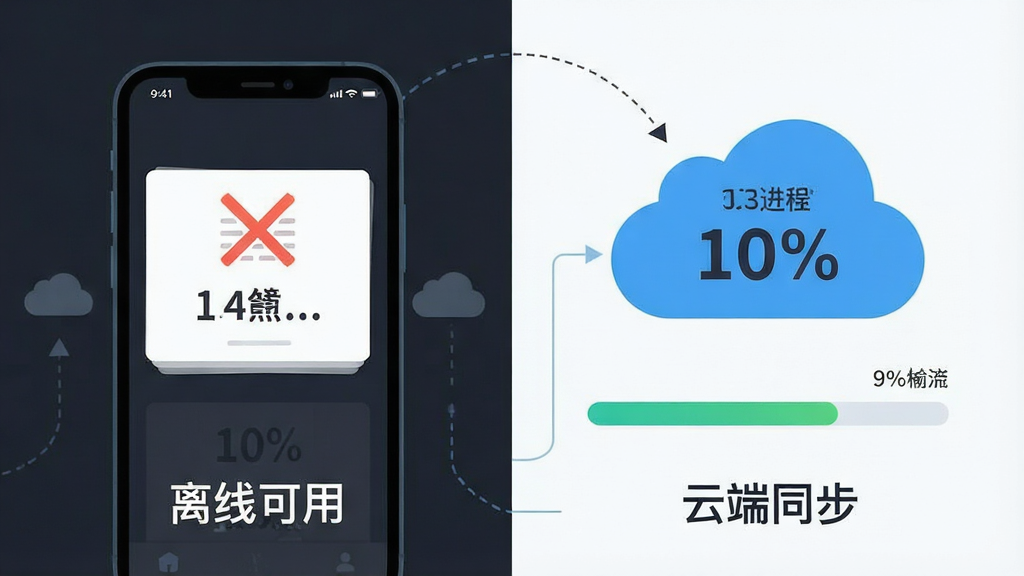 一张展示mentmi离线学习与进度同步功能的示意图,画面分为左右两部分,左侧是手机无网络状态下显示单词卡片,右侧是云端同步图标与进度条,布局为对比式构图,风格为科技感扁平插画,细节包括断网图标、云朵符号、进度百分比数字,画质清晰,无多余装饰,文字内容为“离线可用”和“云端同步”