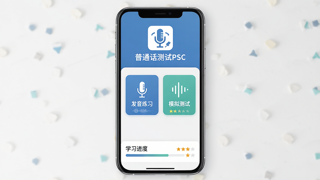 一款手机应用界面展示普通话测试PSC软件的主页面,主体为手机屏幕居中放置,布局上方为软件名称