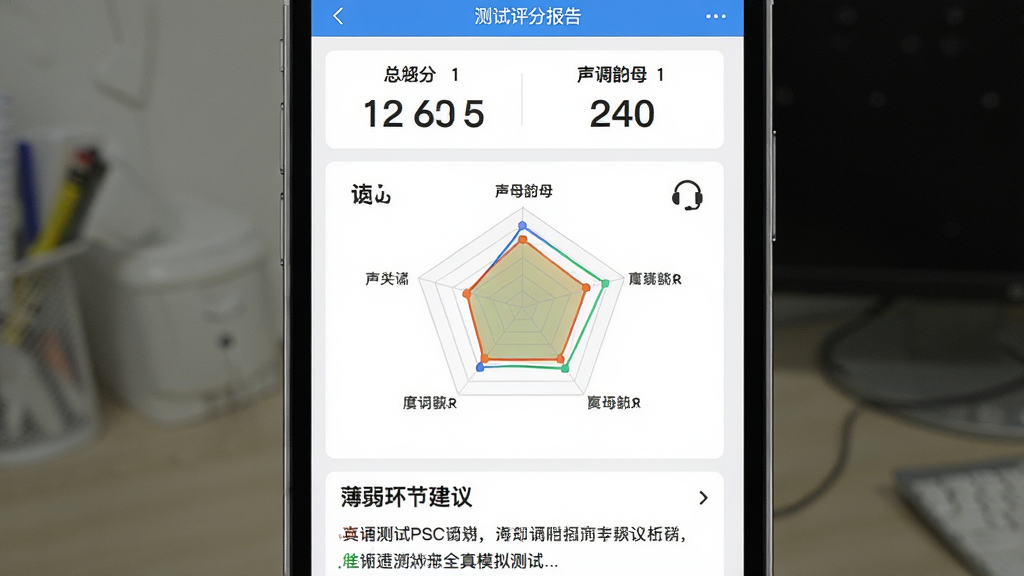 普通话测试PSC软件的全真模拟测试界面,画面主体为手机屏幕展示测试评分报告,布局上方显示总分和各项得分,中部为声调声母韵母的雷达图分析,下方列出薄弱环节建议,排版整齐有序,风格为教育类应用清爽界面,细节包含分数数字、彩色图表和耳机图标,画质高清干净无多余元素