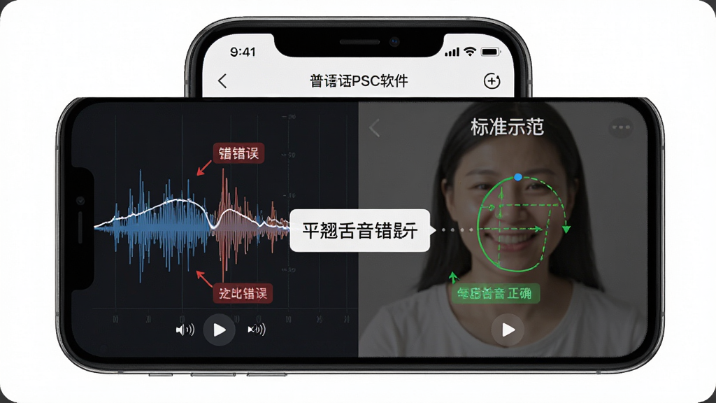 普通话测试PSC软件的智能发音纠错功能展示,主体为手机屏幕显示发音对比界面,布局左侧为用户录音波形图右侧为标准发音示范,中部标注平翘舌音错误提示,排版清晰直观,风格为语音教学类应用界面,细节包含声波曲线、红色错误标记和绿色正确标记,画质高清干净无多余元素