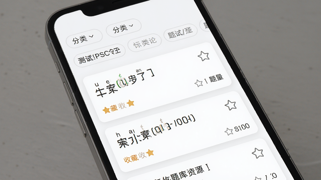 普通话测试PSC软件的海量题库资源页面,主体为手机屏幕展示题库列表,布局上方为分类筛选标签,中部为题目列表卡片式排列,排版规整易读,风格为学习工具类应用界面,细节包含拼音标注、收藏星标和题量统计数字,画质高清干净无多余元素