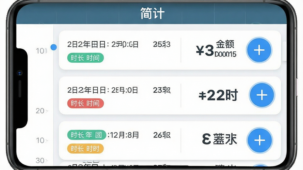 一张简计软件工时记录界面的手机截图,画面主体是时间轴形式的记录列表,每条记录显示日期、时间段、时长和金额,右侧有醒目的加号按钮,布局为垂直列表排版,风格为清新简约风,细节包括彩色标签、圆角卡片、数字加粗显示,画质高清干净无多余元素,图片中文字“简计”出现在顶部标题栏