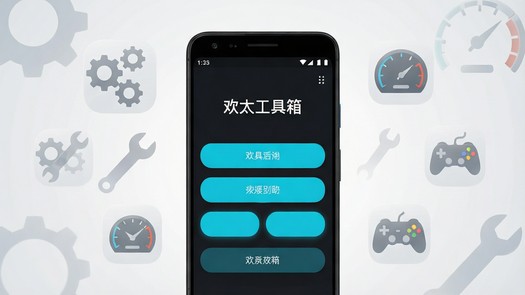 画面中央放置一部安卓手机,手机屏幕显示“欢太工具箱”主界面,界面采用深色主题与青蓝色高亮按钮,手机四周环绕齿轮、扳手、速度仪表盘、游戏手柄等半透明图标,背景为干净的浅灰色渐变,整体布局居中对称,风格简洁科技感,细节清晰锐利,画质4K,干净无多余元素