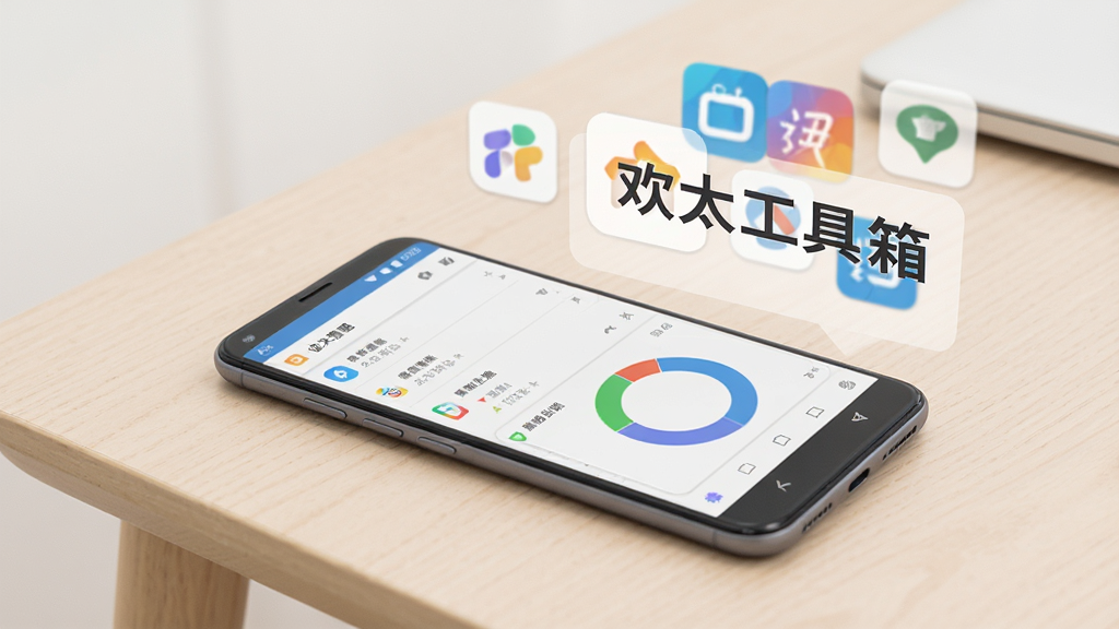一部安卓手机平放在浅色桌面上,屏幕显示应用管理列表与存储占用环形图,旁边漂浮着“欢太工具箱”文字标识与几个app图标,背景干净整洁,风格清新扁平化,细节清晰,画质高清,无多余元素