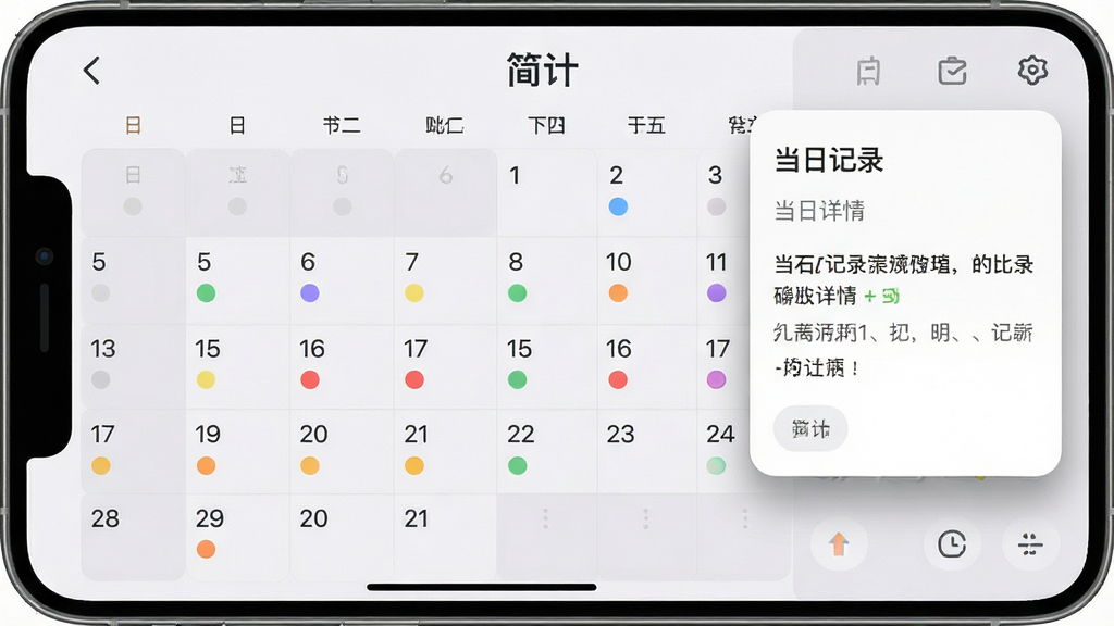 一张简计软件日历视图界面的手机截图,画面主体是月历网格,部分日期下方有彩色圆点标记,右侧弹出当日记录详情卡片,布局为左右分栏排版,风格为柔和圆角风,细节包括浅灰底色、彩色标记点、悬浮卡片阴影,画质高清干净无多余元素,图片中文字“简计”出现在日历上方标题处
