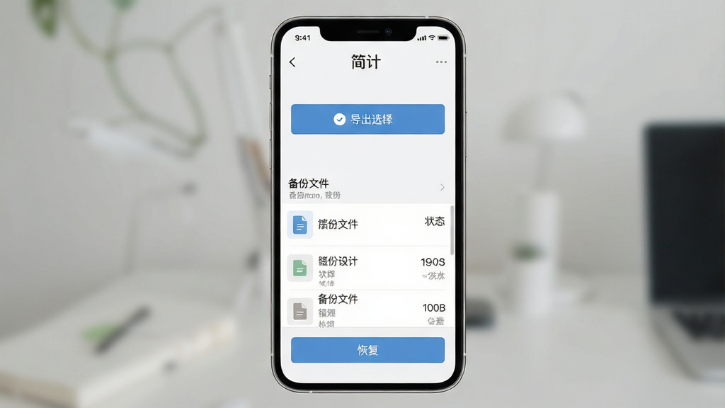 一张简计软件数据导出与备份功能页面的手机界面图,画面中央是导出格式选择按钮和备份文件列表,下方有恢复按钮,布局为垂直排列排版,风格为极简素雅风,细节包括文件图标、操作按钮、状态提示文字,画质高清干净无多余元素,图片中文字“简计”出现在页面标题栏