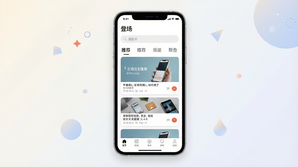 一张展示手机应用主界面的场景图,画面中央是一部竖屏智能手机,屏幕内显示一个名为“登场”的内容聚合应用首页,顶部有搜索栏和推荐频道标签,中部为卡片式信息流,底部为导航栏。背景为简洁的浅色渐变,搭配少量抽象几何图形点缀。整体风格清新现代,排版干净有序,细节清晰,画质高清,无多余元素。