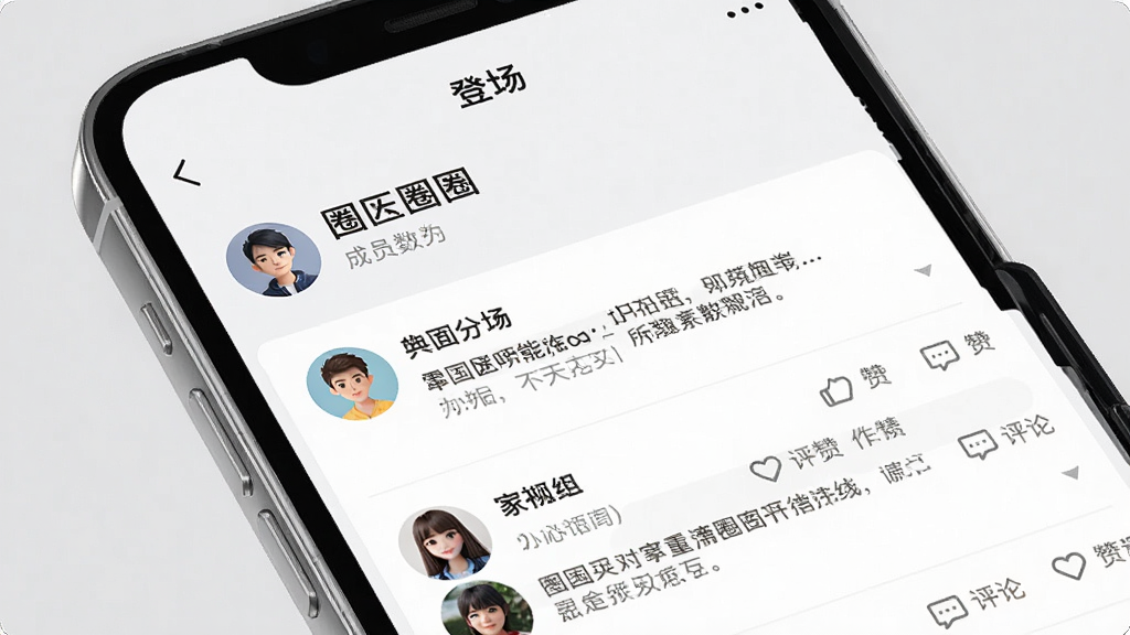 手机屏幕特写,显示“登场”应用中的兴趣圈子页面,页面顶部有圈子名称和成员数,下方为帖子列表,包含用户头像、文字内容和点赞评论图标。背景为简洁的浅灰色,手机边框清晰,画面干净,风格简约,画质高清,无多余元素。