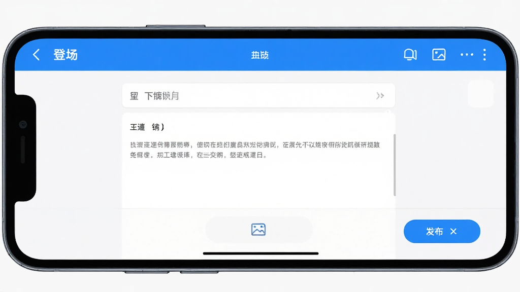 一部手机横向放置,屏幕中显示“登场”应用的图文编辑界面,包含标题输入框、正文编辑区、图片插入按钮和发布按钮。界面设计清爽,配色以蓝白为主。背景为纯色,光线均匀,风格现代,画质细腻,无多余元素。
