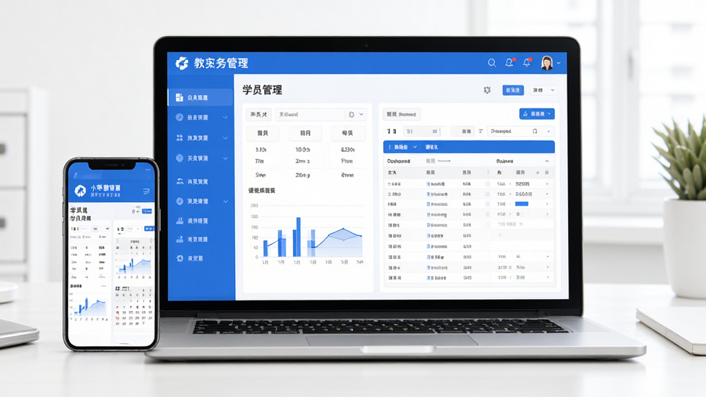小禾帮教务机构管理系统主界面展示,画面中央是一台打开的笔记本电脑和一部智能手机,屏幕上显示教务管理后台的学员列表和课程表界面,布局简洁清晰,采用蓝白配色风格,细节包括图标、数据图表和日历控件,画质高清,干净明亮,无多余元素