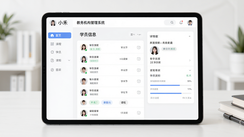 小禾帮教务机构管理系统学员档案管理界面,画面展示一个平板电脑屏幕,屏幕上是学员信息列表和详情卡片,布局为左侧导航栏加右侧内容区,风格现代简洁,细节包括头像、课程标签和进度条,画质清晰,干净无杂乱元素