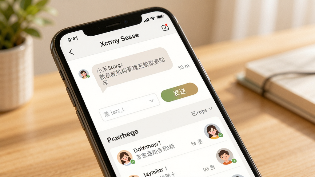 小禾帮教务机构管理系统家校通知发送界面,画面为一部智能手机特写,屏幕上显示通知编辑页面和已发送列表,布局为上下结构,风格温馨友好,细节包括消息气泡、发送按钮和家长头像,画质高清,干净简洁