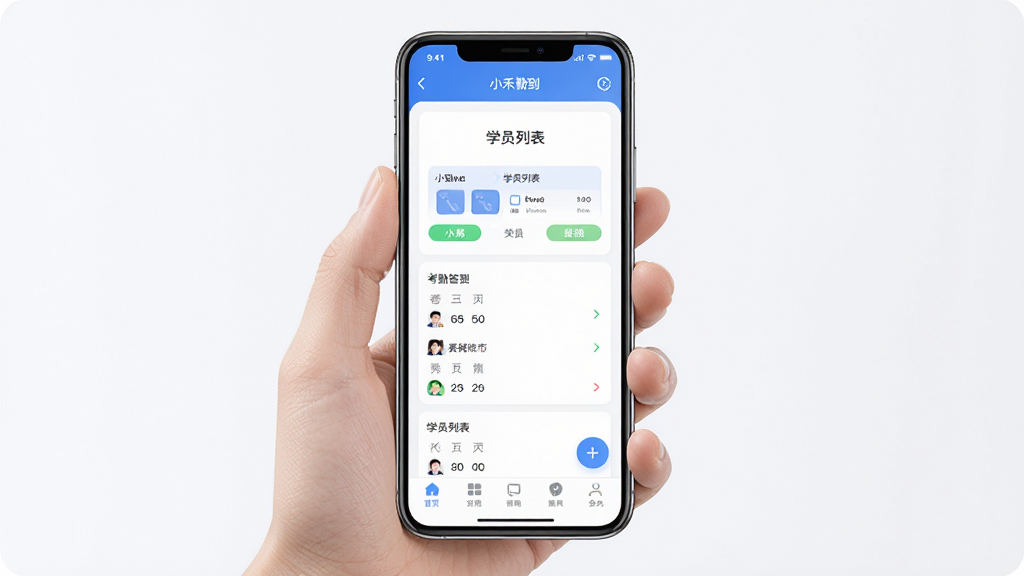 小禾帮教务机构管理系统移动端操作界面展示,画面为一部手持智能手机,屏幕上显示考勤签到和学员列表页面,布局为竖屏单列结构,风格简洁明快,细节包括底部导航栏和悬浮按钮,画质高清,干净无杂乱背景