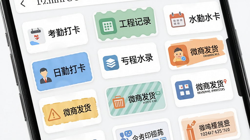 今天水印打卡拍水印模板选择界面,画面展示手机屏幕内排列着多个不同风格的水印模板缩略图,包括考勤打卡、工程记录、微商发货等样式,布局采用网格状排列,风格为扁平化设计,细节包括每个模板的图标和文字标签,画质高清,画面干净无杂乱元素