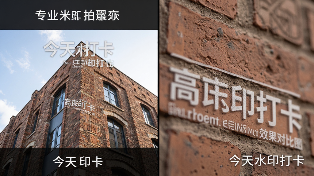 今天水印打卡拍高清拍摄效果对比图,画面左侧展示一张带有水印的清晰建筑照片,右侧展示照片局部放大后的细节,画面布局为左右对比,风格为专业评测风,细节包括照片中的砖墙纹理和水印文字边缘的锐利度,画质极高,画面干净,无多余装饰