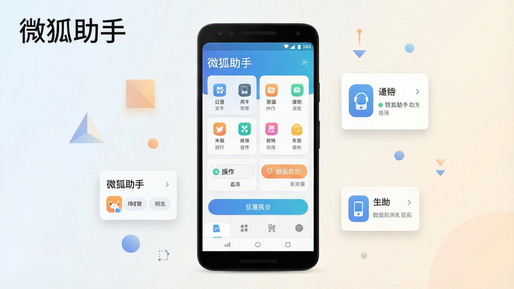 一张展示微狐助手软件主界面的手机应用预览图,画面中央放置一部安卓手机,手机屏幕显示微狐助手的清爽首页布局,包含功能图标与操作按钮,背景为浅色渐变,周围点缀简洁的几何图形与悬浮卡片,风格现代简约,细节清晰,画质干净,无多余元素,画面中带有“微狐助手”文字标题