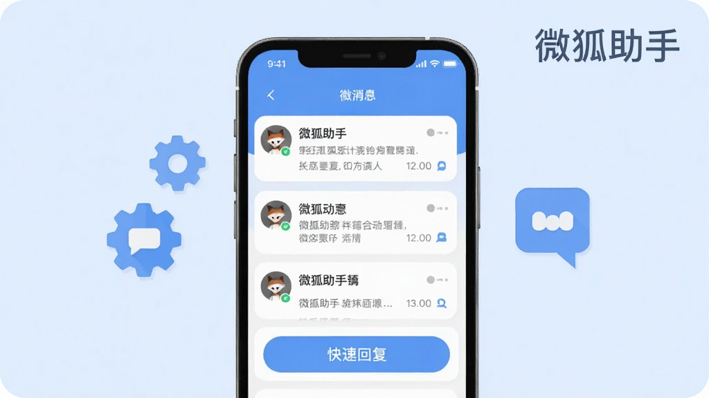 一张展示微狐助手消息管理功能的界面示意图,画面以手机屏幕为主体,屏幕上排列着消息卡片与快捷回复按钮,旁边配有齿轮和对话气泡图标,背景为淡蓝色,风格扁平化,布局清晰,细节干净,画质明亮,画面中带有“微狐助手”文字标识