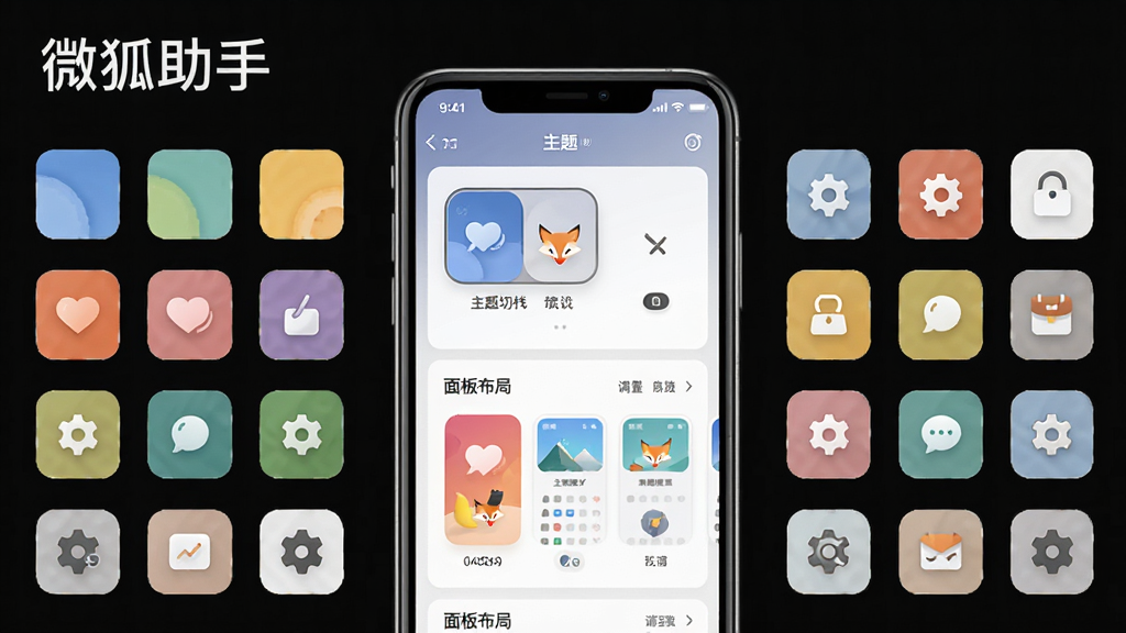一张展示微狐助手个性化设置界面的效果图,画面中央为手机屏幕,屏幕上显示主题切换与面板布局调整选项,周围环绕色彩块与设置图标,风格清新简洁,布局规整,细节清晰,画质干净,画面中带有“微狐助手”文字