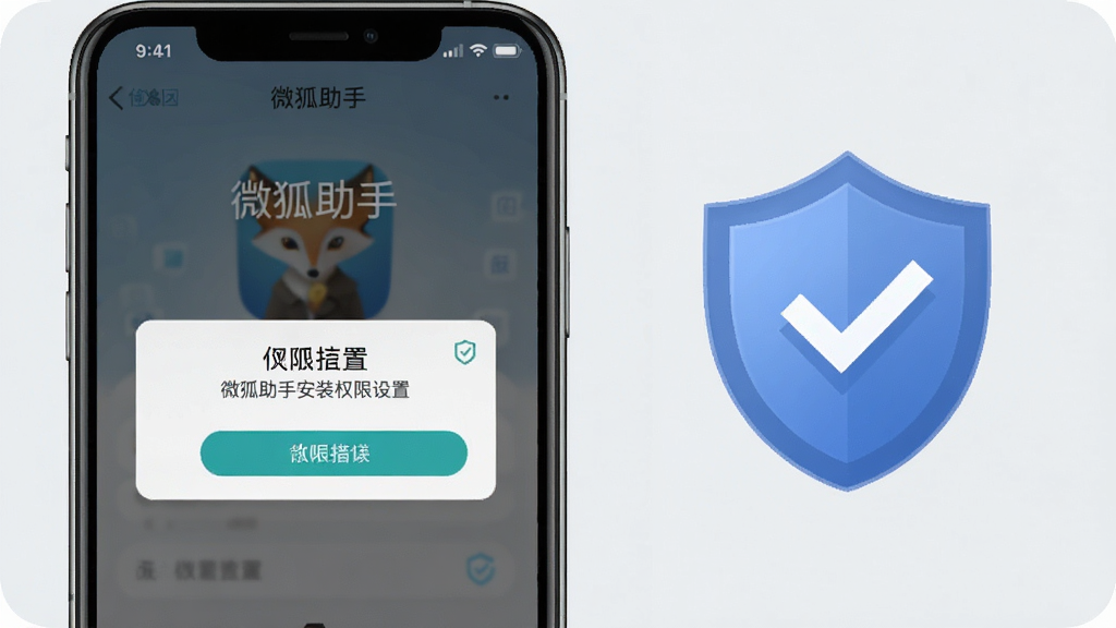 一张展示微狐助手安装权限设置界面的手机截图风格图,画面中手机屏幕显示权限授权弹窗,旁边有盾牌与勾选图标,背景为浅灰色,风格简洁商务,细节清晰,画质干净,画面中带有“微狐助手”文字