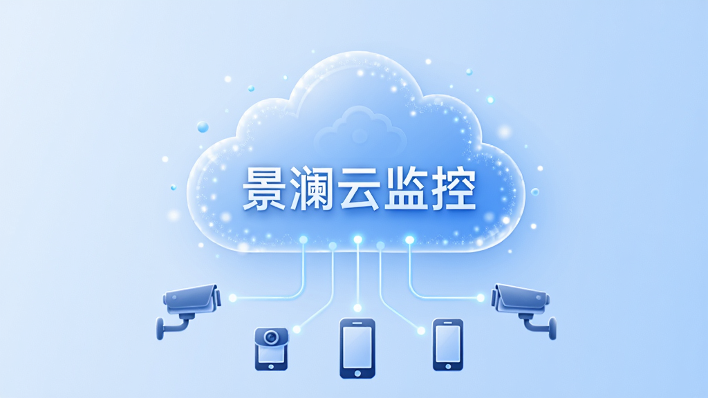 画面中央展示一朵半透明的云朵图标,云朵内部嵌有「景澜云监控」的文字标识,云朵下方连接着多个摄像头图标和手机图标,形成数据流转的视觉效果。背景为浅蓝色渐变,整体布局采用中心对称构图,风格为简约科技风,细节上云朵边缘有柔和的光点粒子,画质高清,画面干净,无多余元素