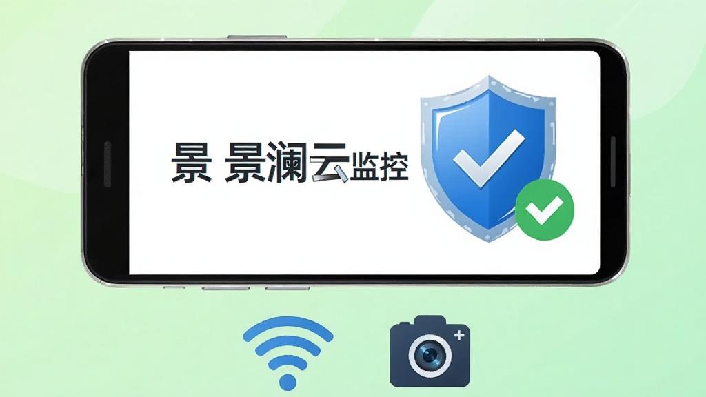 画面中央展示一部安卓手机,手机屏幕上显示「景澜云监控」的安装界面,旁边有盾牌图标和打勾标记,手机下方有Wi-Fi信号图标和摄像头图标。背景为浅绿色渐变,整体布局上下结构,风格为扁平化安全主题插画,细节上盾牌有光泽质感,画质高清,画面干净,无多余元素