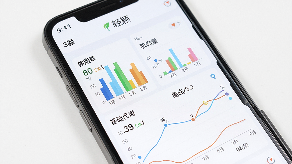 画面以一部手机为中心,屏幕显示“轻颖”App的多维度身体数据报告,包含体脂率、肌肉量、基础代谢等彩色条形图与折线图。布局排版整齐,背景为白色,风格清新浅色,细节图表数据清晰可见,画质高清,干净无多余元素