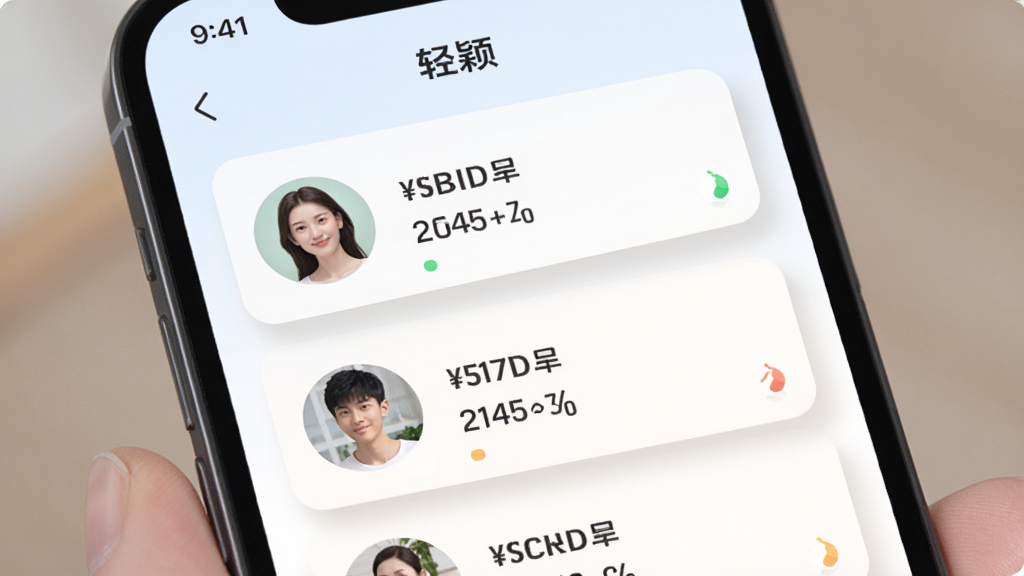 画面展示手机屏幕中“轻颖”App的家庭成员管理界面,显示多个头像与对应的体重数据卡片。布局为上下排列的成员列表,风格柔和圆角,细节头像清晰、数据卡片有浅色阴影,画质干净,无多余元素