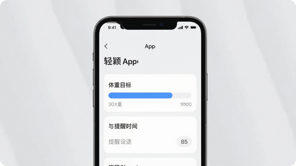 画面中央一部手机,屏幕显示“轻颖”App的目标设定页面,有体重目标进度条与提醒时间设置。布局简洁,背景为浅灰色,风格素雅极简,细节进度条有蓝色填充,画质清晰,干净无多余元素